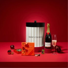 Brown Thomas The Signature Champagne & Venchi Baroque Cremini Chocolate Hamper with striped hatbox, Mo&euml;t bottle, flute
