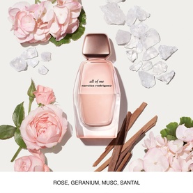 Narciso Rodriguez All of Me Eau de Parfum 50ml, blush-pink bottle with rose-gold cap, styled with roses, crystals and sandalwood sticks