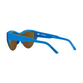 Balenciaga Round Sunglasses in blue acetate, rimless mirrored lenses, brown tint, shown from rear angle with logo on temple