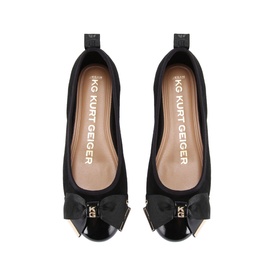 KG by Kurt Geiger Megan Ballet Flats in black, round toe with patent cap, fabric bow and gold-tone KG stud, top-down pair view