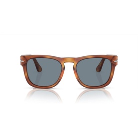 Persol Square Sunglasses PO3333S in brown acetate with full rim frame and blue tinted lenses, front view