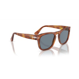 Persol Square Sunglasses PO3333S in brown tortoiseshell acetate with full rim frames and blue-tinted lenses, silver hinges