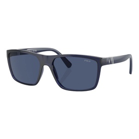 Polo Ralph Lauren Rectangle Sunglasses PH4133 in blue, full rim metal frame with dark blue lenses, square silhouette