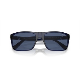 Polo Ralph Lauren PH4133 Rectangle Sunglasses in blue, full rim metal frame with dark blue lenses, front-facing view