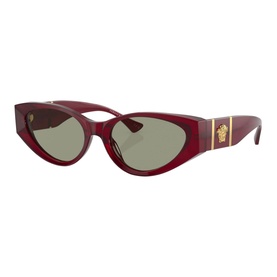 Versace Cat Eye Sunglasses VE4454 in deep red acetate with green lenses and gold Medusa logo on temples