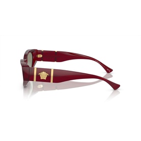 Versace Cat Eye Sunglasses VE4454 in deep red acetate, full rim, with gold Medusa head temple detail, side view