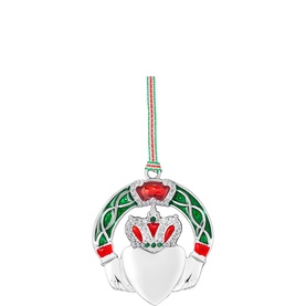Newbridge Claddagh Christmas Tree Decoration, silver-plated with green enamel, red stone crown detail, and Celtic knotwork, on striped ribbon