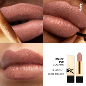 YSL Rouge Pur Couture Lipstick in Shade N1 Beige Trench, shown in three close-up lip swatches with bullet detail