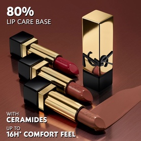 YSL Rouge Pur Couture Lipsticks in deep berry and nude tones, shown open and closed with gold packaging. 80% lip care base with ceramides.