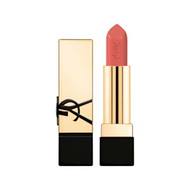 Yves Saint Laurent Rouge Pur Couture Lipstick in a nude pink shade, with iconic YSL gold and black casing, bullet shown uncapped