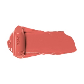 YSL Rouge Pur Couture Lipstick swatch and bullet in warm coral-pink, showing creamy matte texture with embossed YSL logo