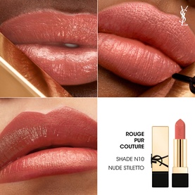 YSL Rouge Pur Couture Lipstick in Shade N10 Nude Stiletto, shown in three close-up lip swatches with bullet and gold packaging