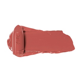 YSL Rouge Pur Couture Lipstick bullet and creamy swatch in muted rose-nude tone, showing smooth matte texture
