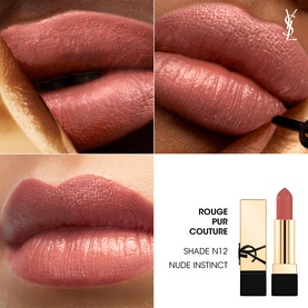YSL Rouge Pur Couture Lipstick in Shade N12 Nude Instinct, shown in close-up lip swatches and product bullet