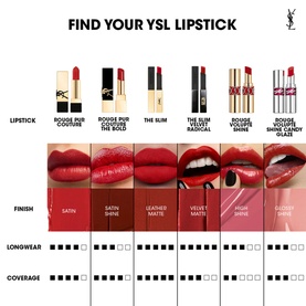 YVES SAINT LAURENT Rouge Pur Couture Lipstick range guide showing six shades, finish types, longwear and coverage comparison chart