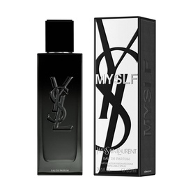 Yves Saint Laurent MYSLF Eau de Parfum 60ml in black lacquer bottle with white graphic box alongside