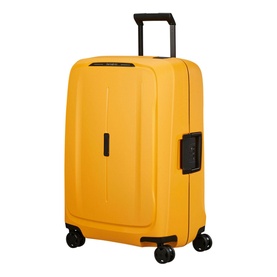 Samsonite Essens Four-Wheel Spinner 69cm suitcase in yellow with black spinner wheels, telescopic handle, and side lock