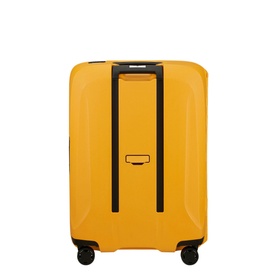Samsonite Essens Four-Wheel Spinner 69cm suitcase in yellow, rear view showing telescopic handle and smooth hardshell construction