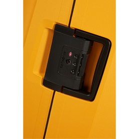 Samsonite Essens Four-Wheel Spinner 69cm in yellow, close-up of black TSA combination lock and carry handle detail