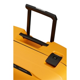 Samsonite Essens Four-Wheel Spinner 69cm in yellow, close-up of telescopic handle and top corner with black hardware detail