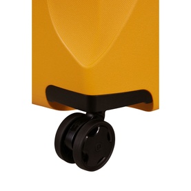 Samsonite Essens Four-Wheel Spinner 69cm in yellow, close-up of black dual spinner wheel and base detail