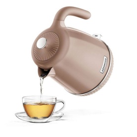 Kenwood Elegancy Black Treacle Kettle in beige, pouring hot water into a glass teacup on saucer, rounded body with ribbed handle