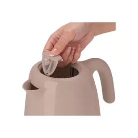 Kenwood Elegancy Black Treacle Kettle in beige, shown with hand opening the lid, revealing internal filter