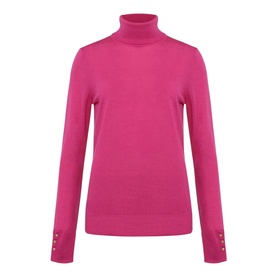 Hobbs Lara Roll Neck Sweater in pink merino wool with long sleeves, ribbed trims and gold button cuff detailing