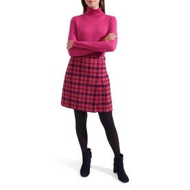 Model wearing Hobbs Lara Roll Neck Sweater in pink with black tartan mini skirt, black tights and ankle boots