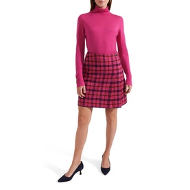 Model wearing Hobbs Lara Roll Neck Sweater in pink merino wool with long sleeves, styled with pink plaid mini skirt and navy heels