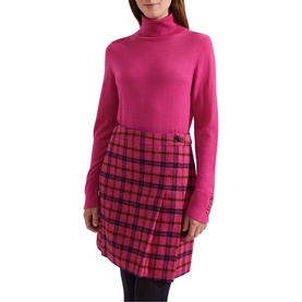 Model wearing Hobbs Lara Roll Neck Sweater in pink merino wool with roll neckline, long sleeves and button cuff detail