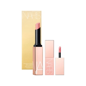 NARS Orgasm Afterglow Lipstick & Mini Liquid Blush Duo set with gold box, full-size lipstick, and mini liquid blush in peachy-pink tones