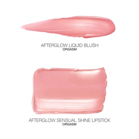 Nars Orgasm Afterglow Lipstick & Mini Liquid Blush Duo swatches in sheer pink-peach, showing liquid blush and lipstick textures