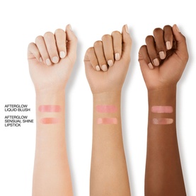 Three arm swatches showing Nars Orgasm Afterglow Lipstick & Mini Liquid Blush Duo shades across fair, medium, and deep skin tones