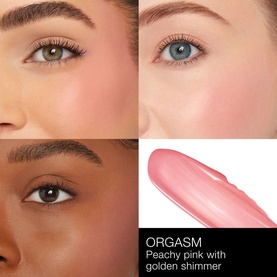 Nars Orgasm Afterglow Lipstick & Mini Liquid Blush Duo shade swatches on three skin tones with peachy pink golden shimmer lip swatch