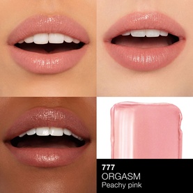 Nars Orgasm Afterglow Lipstick in shade 777 Orgasm Peachy Pink shown on two models with different skin tones, with product packaging