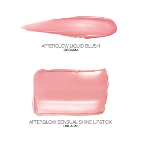 Nars Orgasm Afterglow Lipstick & Mini Liquid Blush Duo swatches in sheer pink-peach, labelled Afterglow Liquid Blush and Sensual Shine Lipstick