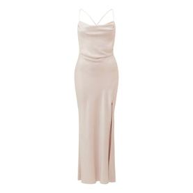 Forever New Remy Tie-Back Satin Dress in cream, cowl neckline, spaghetti straps, ruched waist, maxi length with side split