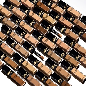 YSL All Hours Precise Angles Concealer displayed in multiple shades, arranged in rows showing full shade range in black and gold packaging