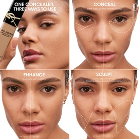 YSL All Hours Precise Angles Concealer shown in four face diagrams: conceal, full face, enhance, and sculpt application techniques.