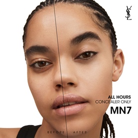 YSL All Hours Precise Angles Concealer in shade MN7, before and after split-face application shown on model