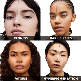 Four models showing YSL All Hours Precise Angles Concealer coverage results for redness, dark circles, fatigue, and hyperpigmentation