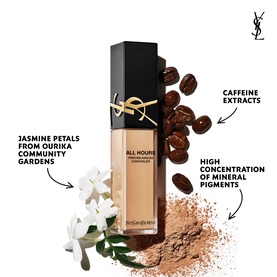 YSL All Hours Precise Angles Concealer bottle shown with jasmine petals, coffee beans, and mineral pigment powder highlighting key ingredients.