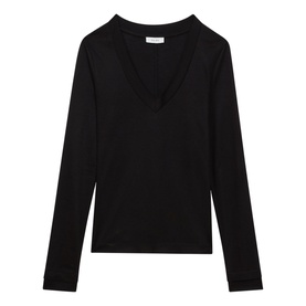 Reiss Brady Top in black, V-neckline, long sleeves with layered cuffs, smooth viscose fabric, tonal stitching