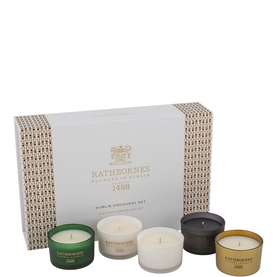 Rathbornes Dublin Discovery Gift Set with four mini candles in green, white, charcoal and gold tins, presented in a decorative gift box