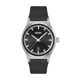 Hugo Boss Candor Watch 1514075 in black with stainless steel case, black dial, date window, and black leather strap