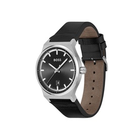 Hugo Boss Candor Watch 1514075 in black with stainless steel case, black dial, and black leather strap with silver-tone buckle