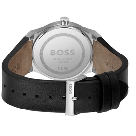Hugo Boss Candor Watch 1514075 in black, showing stainless steel caseback with engraved logo and black leather strap