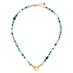 Missoma In Good Hands Beaded Gemstone Necklace in gold with turquoise, lapis, pearl and mixed gemstone beads and interlocking hands clasp