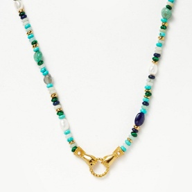 Missoma In Good Hands Beaded Gemstone Necklace in gold with turquoise, pearl and mixed gemstone beads and Georgian hands clasp detail